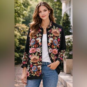 Vintage Norm Thompson Embroidered Floral Black Jacket Boho Statement Coat